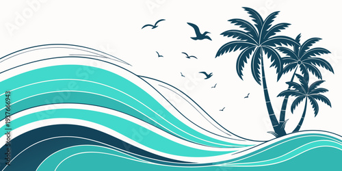 A serene tropical ocean scene with palm trees and birds Vector