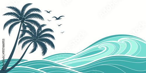 A serene beach scene with palm trees and a wave Vector