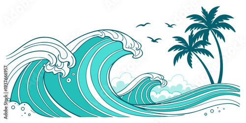 A wave crashes on the shore near two palm trees Vector
