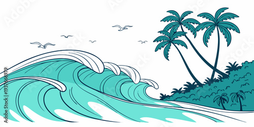 A wave crashes on a tropical island with palm trees Vector