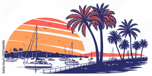 A tropical island with palm trees and a boat at sunset Vector
