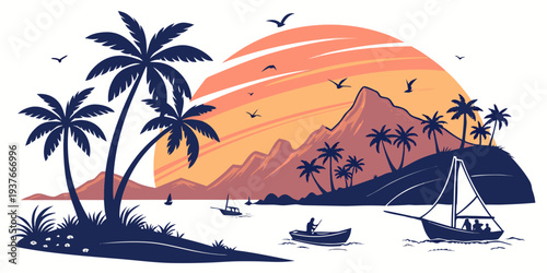 A tropical island scene at sunset with palm trees and boats Vector
