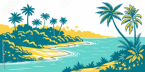A tropical island with palm trees and a body of water Vector