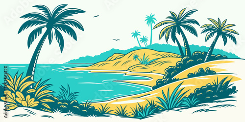 A tropical island with palm trees and a beach Vector