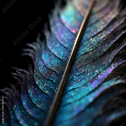 Intricate Bird Feather Macro with Vibrant Iridescent Colors and Shallow Depth of Field