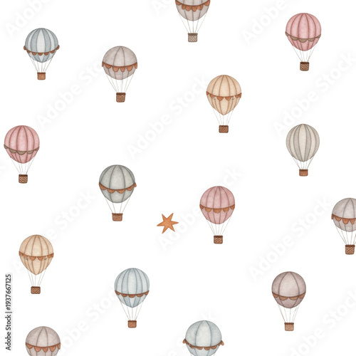 Delicate watercolor illustration of small, hand-drawn hot air balloons and orange-brown stars in a sparse pattern on a white background, whimsical nursery decor atmosphere