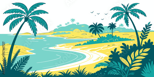 A tropical island scene with palm trees and a body of water Vector