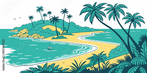 A tropical island with palm trees and a beach by the sea Vector