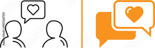 Minimalist vector icons featuring speech bubbles with hearts, user profiles, and dialogue bubbles in black and vibrant orange, symbolizing social media engagement, digital dating, and connection.