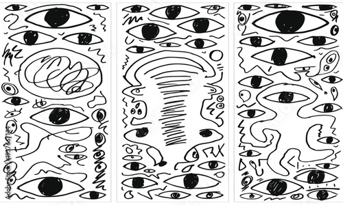 Three panels showcasing abstract black and white sketches of eyes faces and swirling lines high quality