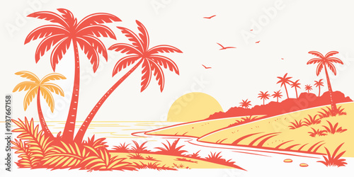 A serene tropical island at sunset with palm trees Vector