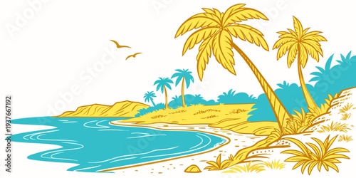 A serene tropical island with palm trees and a body of water Vector