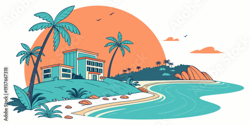 A tropical island with palm trees and buildings Vector