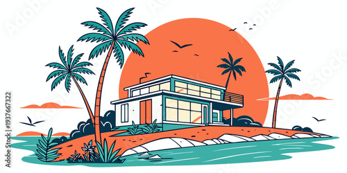 A house on a tropical island with palm trees Vector