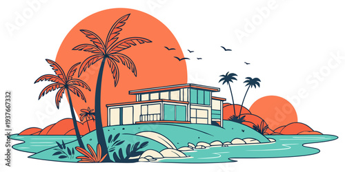 A house on an island with palm trees and a sunset Vector