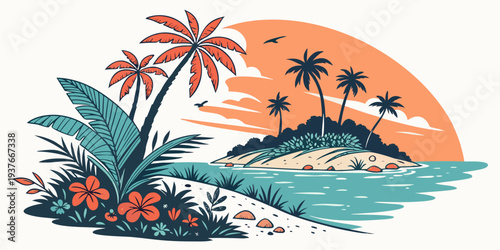 A tropical island with palm trees and a sunset Vector