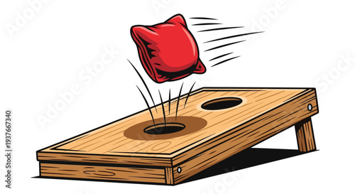 Bean bag toss game illustration red bag flying towards wooden board with holes