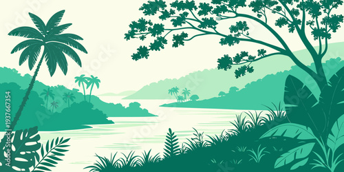 A serene tropical landscape with palm trees and a body of water Vector