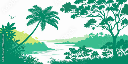 A serene tropical landscape with palm trees and a body of water Vector