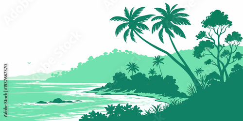 A green tropical island with palm trees and a body of water Vector