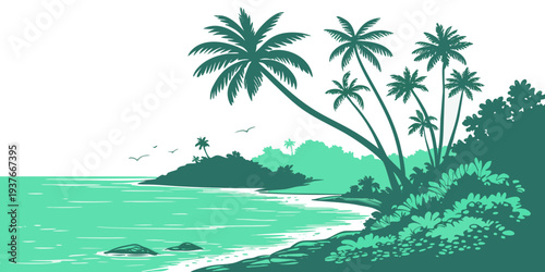 A serene tropical beach with palm trees and calm waters Vector