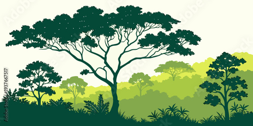 A serene forest landscape with trees and greenery Vector