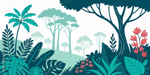 A jungle scene with trees and plants in various shades of blue and green Vector