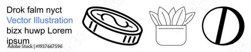 Financial growth, eco-friendliness, savings, nature, minimalism, abstract art. Black and white line art of a currency coin, potted plant and divided circle. Financial growth and eco-friendliness
