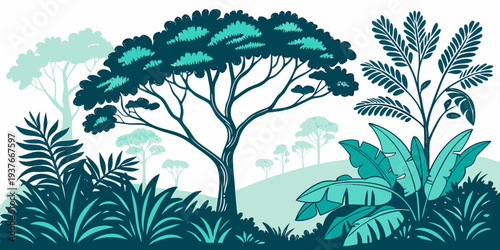 A serene forest landscape with trees and foliage in various shades of green Vector