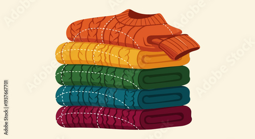 Stack of colorful sweaters in different hues and shades.