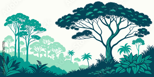 A serene tropical forest landscape with trees and foliage Vector