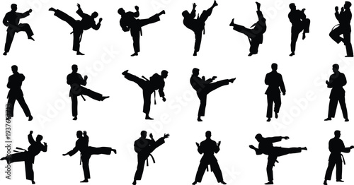 Karate fighter silhouette collection, martial arts kick combat poses vector illustration, taekwondo training athletes isolated self defense action set