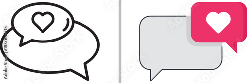 A collection of minimalist vector icons featuring speech bubbles with hearts and user avatars in black, red, and pink, symbolizing digital romance, social feedback, and heartfelt messaging.