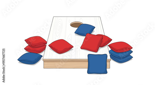 Cornhole game illustration wooden board with scattered red and blue bean bags