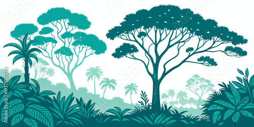 A serene jungle landscape with trees and foliage in teal hues Vector