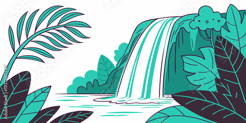 A serene waterfall surrounded by lush foliage and palm trees Vector