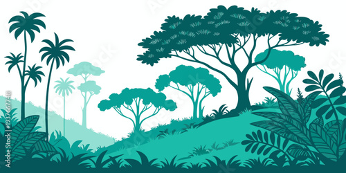 A serene landscape with trees and hills in teal tones Vector