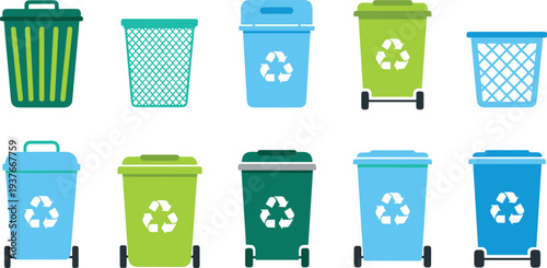 Recycling and trash bins collection flat vector illustration with eco waste containers plastic mesh basket and garbage cans