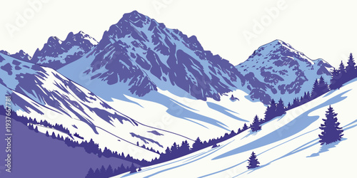A purple and white image of a snowy mountain range with a skier Vector