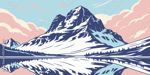 Snowy mountain landscape with serene lake reflection Vector