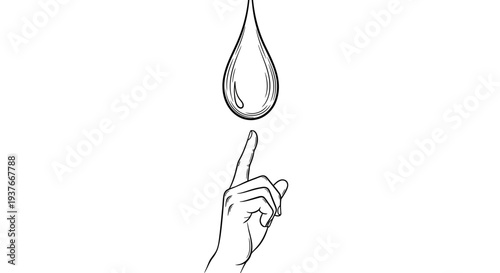 Hand pointing upwards towards a single water droplet.