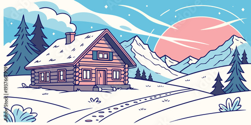 A snow covered cabin in front of a mountain range at sunset Vector