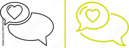 Minimalist vector icons featuring speech bubbles with hearts in black and lime green line art, representing digital messaging, social media likes, and vibrant romantic communication.