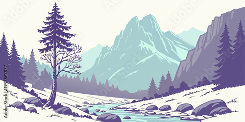 A serene winter landscape with mountains and trees Vector