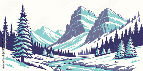 A serene winter landscape with snow covered mountains Vector
