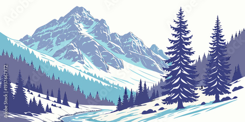 A serene snowy mountain landscape with evergreen trees Vector
