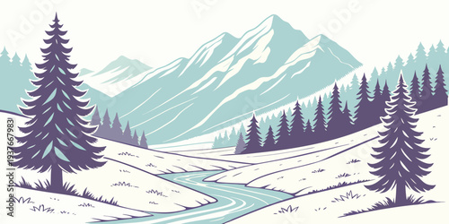 A serene winter landscape with snow covered mountains Vector