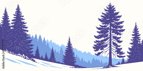 A serene winter landscape with pine trees on a snowy hill Vector