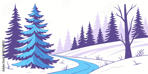 A serene winter landscape with a stream and trees Vector