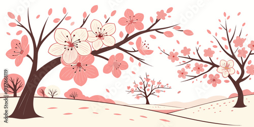 A serene landscape with blooming cherry blossom trees Vector
